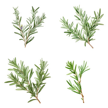 Set of watercolor fresh rosemary illustration on transparent background