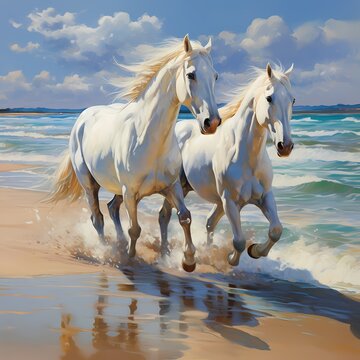 white horse on the beach in oil painting and acrylic painting style