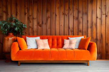 In the modern living room, a rustic orange velvet sofa complements the wooden paneling wall, creating a warm interior design.