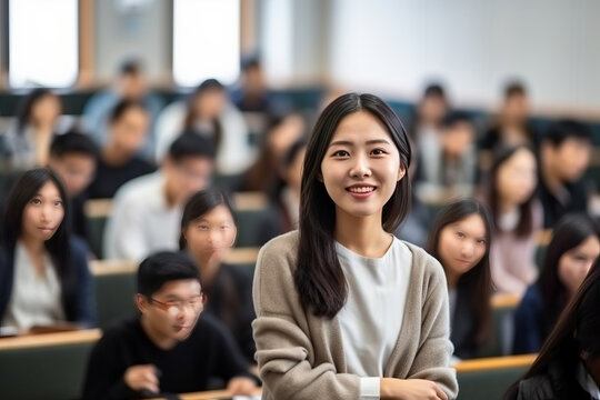 Asian University professor lectures to classroom full of multi-ethnic students.