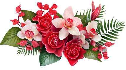 Beautiful red and white bouquet of orchid and rose flowers with fresh tropical leaves isolated on transparent background. Perfect for wedding invitations, and decoration. Generative AI