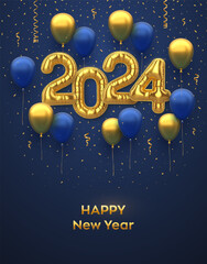 Happy New 2024 Year. Golden foil balloon numbers and inflatable holiday balloons on blue background. High detailed 3D realistic gold foil helium balloons. Christmas greeting card. Vector illustration.