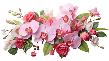 Beautiful pink bouquet of orchid and rose flowers with fresh tropical leaves isolated on transparent background. Perfect for wedding invitations, and decoration. Generative AI