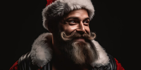 Modern Santa Claus. Portrait of a happy handsome brutal man in a Santa Claus costume on a black background. Merry Christmas and Happy New Year, XMas banner