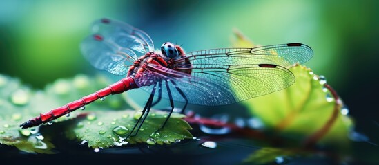 Blurred red dragonfly on leaf backdrop