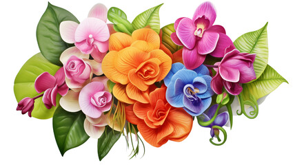 Beautiful bouquet of colourful orchid and rose flowers with fresh tropical leaves isolated on transparent background. Perfect for wedding invitations, and decoration. Generative AI - obrazy, fototapety, plakaty