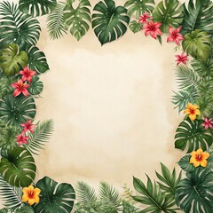 Blank paper decorated tropical plants around background. A Generative AI Digital Illustration.
