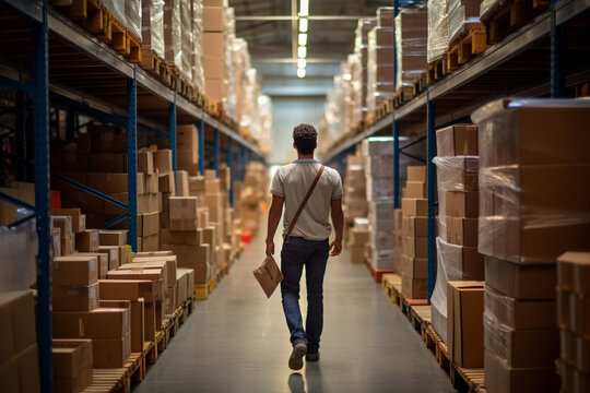 Rear view of male warehouse worker walking in warehouse. This is a freight transportation and distribution warehouse. Industrial and industrial workers concept
