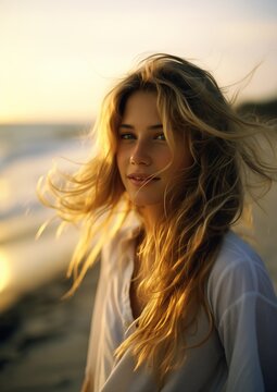 blond woman long hair beach sunset perfect facial still portrait size crisp sunlight face female druid white girl chiffon
