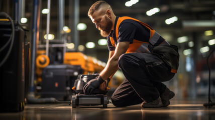 Male technician cleaning floor at factory