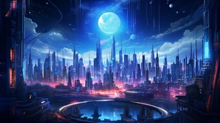 A futuristic metropolis at night, with electric neon lights against a backdrop of deep indigo and hints of electric blue