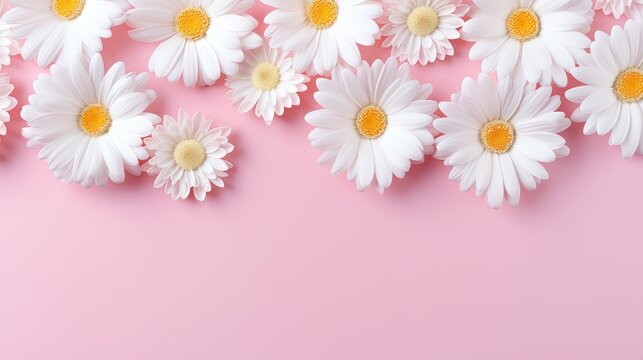 white daisies pink background copy space desktop full view blank soft lighting gradient chamomile daisy