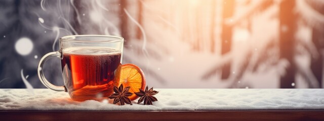 A cup of hot warming tea in winter weather overlooking the snowy forest. hot winter medicinal drink. Black tea.