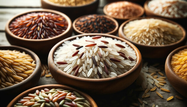 An image of diverse Indian raw rice types. The grains are placed on a wooden bowls - Generative AI