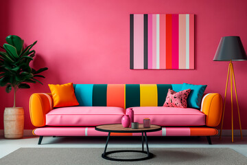 A colorful stripes panel on the stucco wall alongside a pink sofa defines the Memphis postmodern style in the modern living room's interior design. 

