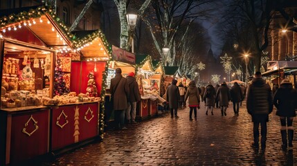 A quintessential European Christmas market dazzles with an array of unique gifts and souvenirs, capturing the festive spirit. Generative AI.