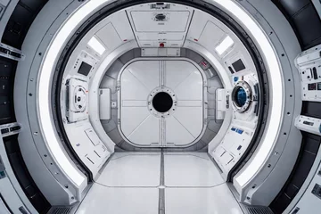 Foto op Aluminium A sealed hatch or shut door on a space station for docking and to interconnect to a spacecraft and other space module. Interconnecting cylindrical compartment or docking port on a spaceship. © Sweeann