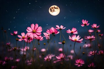 Fototapeta na wymiar beautiful pink flower blossom in garden with night skies and full moon .