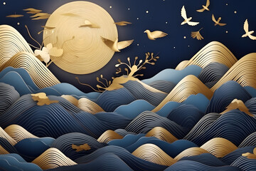 Fototapeta premium 3d modern art mural wallpaper with dark blue background. golden tree and mountains, golden moon. dark landscape background and clouds and colorful mountains. for home wall decoration