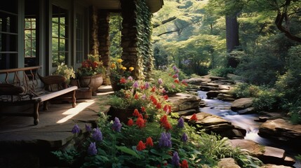 Fototapeta na wymiar A graceful stone veranda overlooking a bubbling brook and vibrant wildflowers