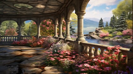 A graceful stone veranda overlooking a bubbling brook and vibrant wildflowers - obrazy, fototapety, plakaty