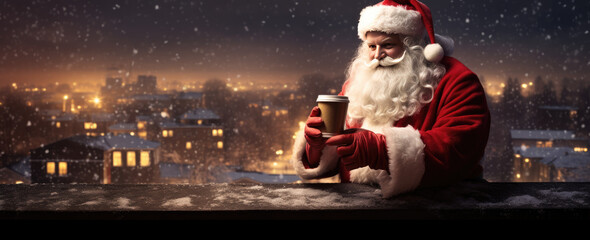 Santa Claus holding a cup of coffee, with copy space for text - obrazy, fototapety, plakaty