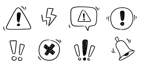 Doodle exclamation mark, alert danger sign set. Scribble hand drawn doodle exclamation triangle point, stop warning, hazard sign. Hand drawn sketch danger information sign. Vector illustration - obrazy, fototapety, plakaty