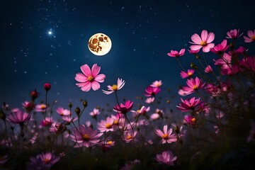 beautiful pink flower blossom in garden with night skies and full moon .