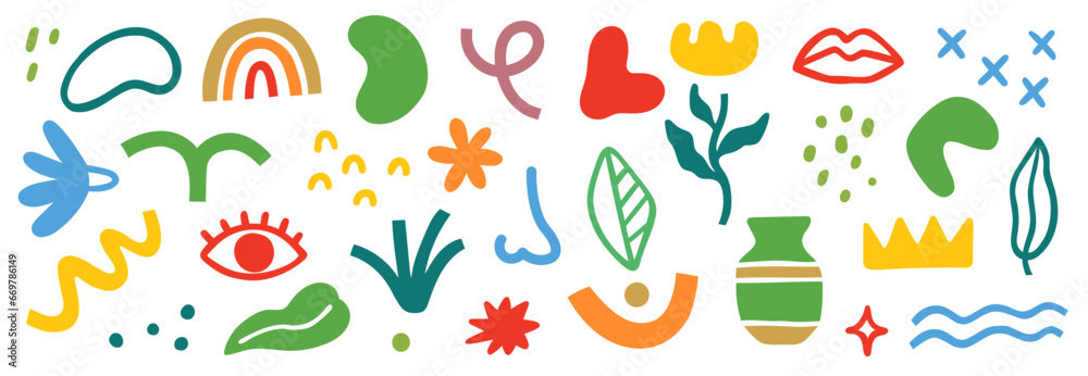 Poster Abstract blob shape doodle set element. Geometric abstract flower, blob face, organic doodle modern shape. Creative graphic design playful, cute color poster elements. Vector illustration