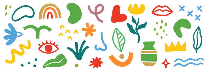 Obraz premium Abstract blob shape doodle set element. Geometric abstract flower, blob face, organic doodle modern shape. Creative graphic design playful, cute color poster elements. Vector illustration
