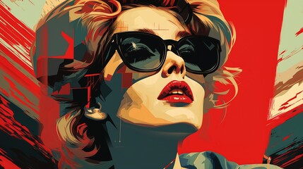 blond woman sunglasses red background scintigraphic asymmetrical design portrait talented mafia colors offset printing technique sharply mad men - obrazy, fototapety, plakaty