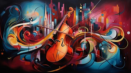 Music and rhythm are the subjects of this abstract painting.