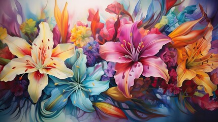 Vibrant, beautiful flowers burst with life, offering a feast for the eyes and symbolizing vitality, beauty, and a deep appreciation of aesthetics. Generative AI.