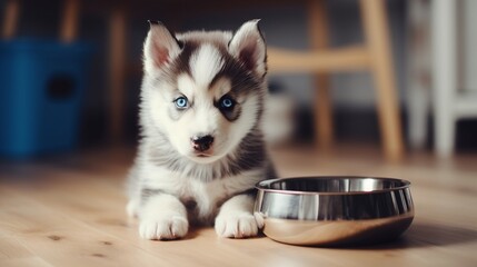 Indoors, an adorable husky puppy eats from a food bowl. At home, a hungry puppy eats. - obrazy, fototapety, plakaty