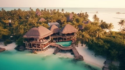 Foto auf Leinwand Summer sunset aerial view of a nice hotel on the sea in the ocean. , Zanzibar. View from the top. A seascape with a wooden hotel, azure water, a sandy beach, and green palm palms. opulent resort © Nazia