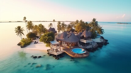 Naklejka premium Summer sunset aerial view of a nice hotel on the sea in the ocean. , Zanzibar. View from the top. A seascape with a wooden hotel, azure water, a sandy beach, and green palm palms. opulent resort