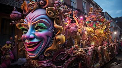An anthropomorphic demon-like creature parades through a carnival, showcasing the world's traditional and cultural festivities in full swing. Generative AI. - obrazy, fototapety, plakaty