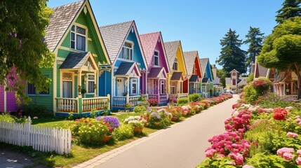 On a lovely summer day, beautiful colorful gingerbread houses and cottages in Oak Bluffs town, Martha's Vineyard island in Massachusetts. - obrazy, fototapety, plakaty
