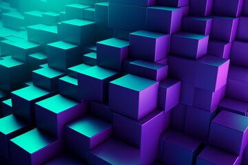 3D blocks create a wall in purple and turquoise. Tech wallpaper with space for text. Generative AI