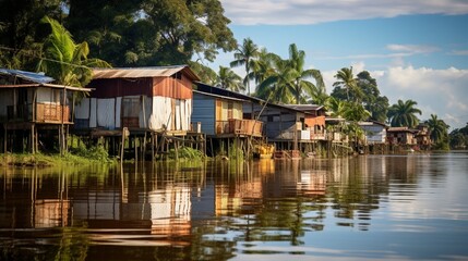 Fototapeta na wymiar Riverside homes on the Amazon River's banks in the Amazon region.