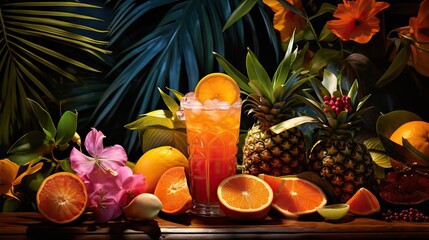 A table overflows with luscious tropical fruits, fresh fruit juices, and exquisite cocktails, epitomizing a feast for the senses. Generative AI.