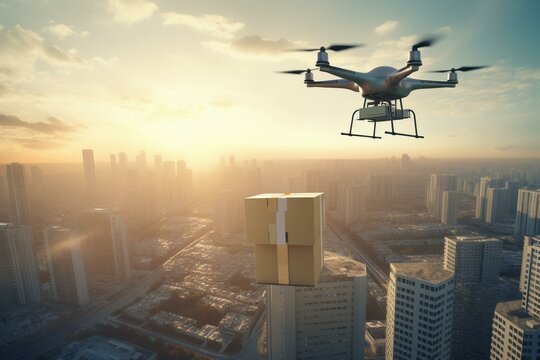 Drone delivering a package in a metropolis. Generative AI
