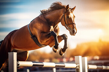 Brown horse jumping over a barrier - obrazy, fototapety, plakaty