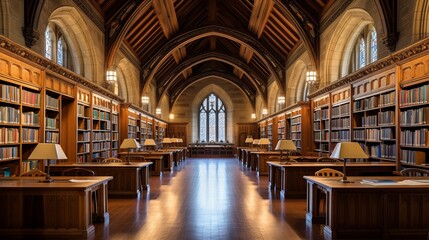 A grand university library with soaring, arched ceilings and rows of oak bookshelves - obrazy, fototapety, plakaty