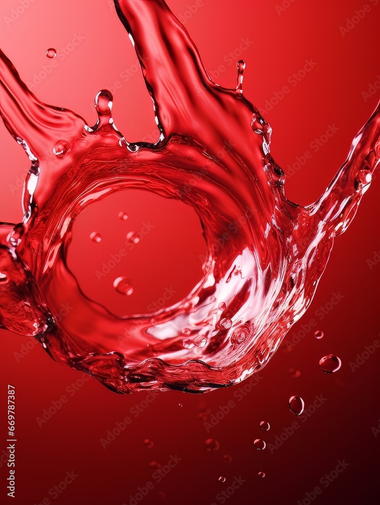 Wall mural crystal clear water drip splash on red background ai