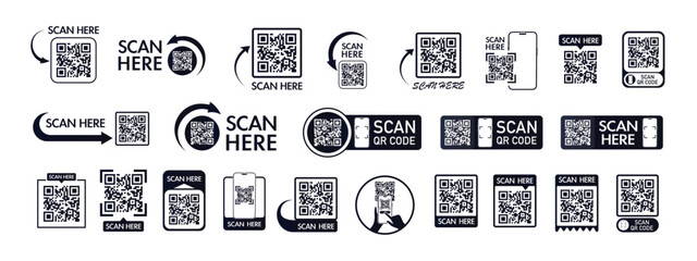 QR code scan icon set for mobile apps and payments. QR code scan for smartphone. Qr code Template scan here QR code for smart phone. Vector illustration.