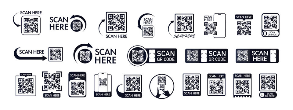 QR code scan icon set for mobile apps and payments. QR code scan for smartphone. Qr code Template scan here QR code for smart phone. Vector illustration.
