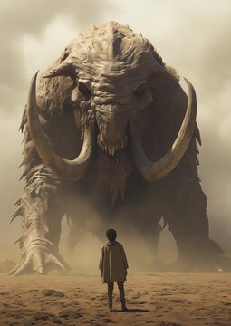 man standing front giant animal still entertainment dune princess tan tar pit ancient kings white robes monster asmodeus promotional djinn grim vibrance orientalism simple