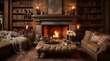 A cozy living room, complete with a roaring fireplace, surrounded by plush sofas and armchairs, invites relaxation and warmth. Generative AI.