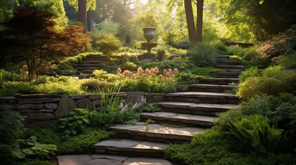 A lush, terraced garden with stone steps leading to a tranquil meditation spot